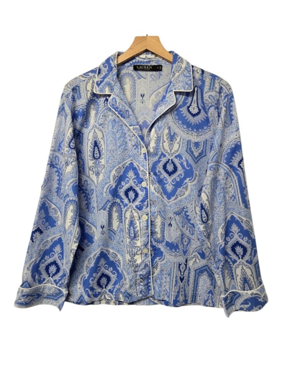 Lauren Ralph Lauren Womens Size XL Blue Paisley Embroidered Logo Pajama Top
